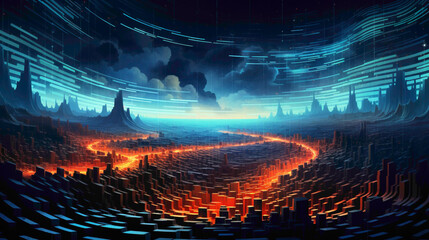 Waves of pulsating energy forming intricate patterns against a futuristic backdrop. - obrazy, fototapety, plakaty