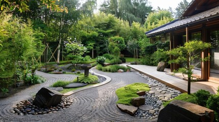 Japanese Garden With Gravel Path and Rocks