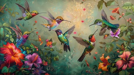 A captivating array of colorful hummingbirds, flitting among the vibrant blossoms of a tropical garden, their iridescent feathers catching the light as they hover in mid-air to sip nectar from delicat - obrazy, fototapety, plakaty