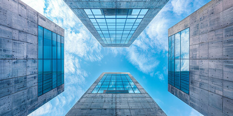 Three tall buildings with glass windows and a clear blue sky in the background. The sky is filled with clouds, giving the scene a peaceful and serene atmosphere