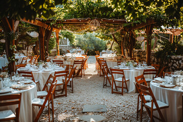 Charming outdoor wedding dining area with fairy lights and greenery. Twilight elegance at a festive table setting in a lush garden. Enchanted evening event concept for design and print.