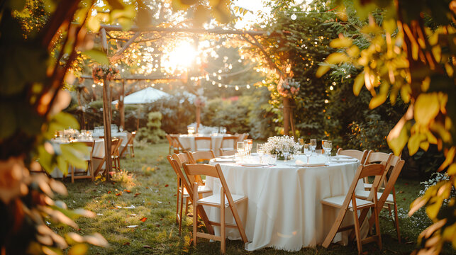 Charming outdoor wedding dining area with fairy lights and greenery. Twilight elegance at a festive table setting in a lush garden. Enchanted evening event concept for design and print.
