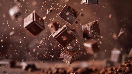 Rich, dark chocolate pieces suspended mid-air, capturing the luxurious and indulgent essence of cocoa for culinary and confectionery concepts.