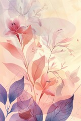 Painting of Flowers and Leaves on Pink Background