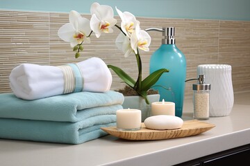 Obraz na płótnie Canvas Ocean-Inspired Tropical Resort Bathroom: Seashell Accessories and Blue Accents Delight
