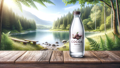 A bottle of cocoa water n a rustic wooden table with the backdrop of a tranquil forest lake, with a natural landscape in the background. Concept organic farming, natural hydration - obrazy, fototapety, plakaty