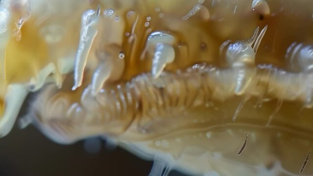 Under high magnification a closeup of a nematodes mouth shows the sharp toothlike structures used for feeding and grasping onto their . AI generation.