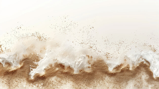 A white background with a brown line of sand. The sand is scattered all over the background, creating a sense of movement and energy. The image evokes a feeling of excitement and adventure