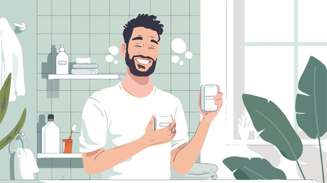 Happy man showing solid shampoo bar in bathroom 