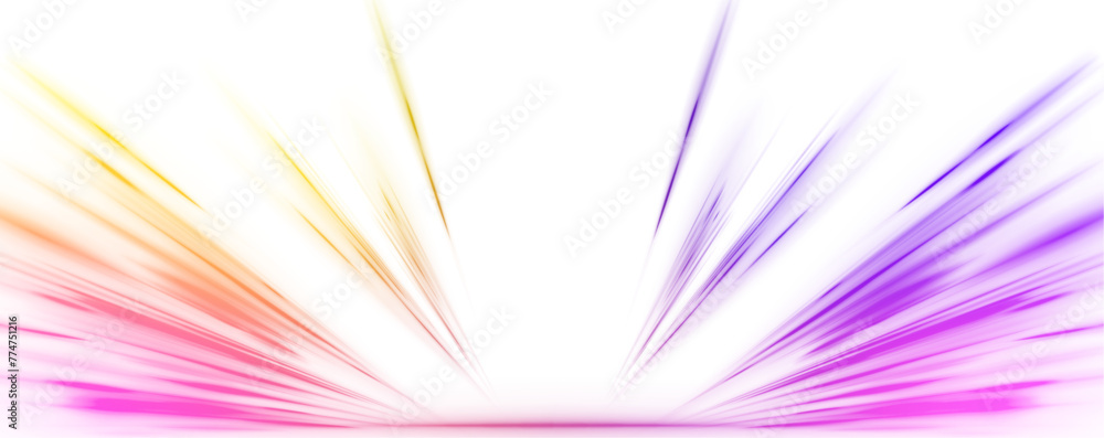 Poster Abstract neon rays of light on a transparent background in PNG format. Purple speeds on the expressway. Sport car is made of polygons, lines and connected dots.	