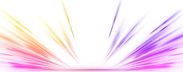 Abstract neon rays of light on a transparent background in PNG format. Purple speeds on the expressway. Sport car is made of polygons, lines and connected dots.	