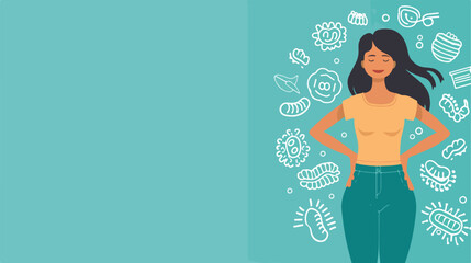 Happy woman with healthy digestive system on turquois