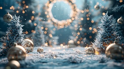 Obraz na płótnie Canvas Glowing Christmas Tree Ornaments in the Snow Generative AI