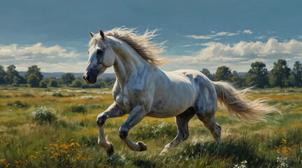 Fototapeta premium Beautiful white horse gallops on the meadow. A style similar to impressionist painting. Generative AI