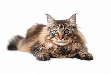 Beautiful Main Coon cat facing the camera, isolated on a white background