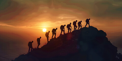 Silhouette of a group of climbers climbing on the top of a mountain.