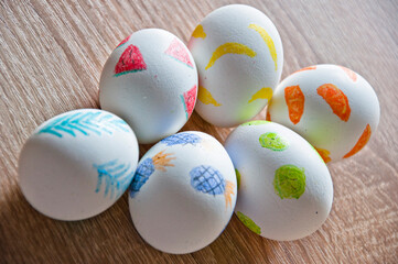 Good Friday. Hunting eggs. Painted eggs. Easter eggs on wooden table. Happy Easter holiday...