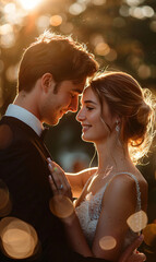 Bride and groom sharing first dance with backlighting. Studio portrait wedding photography with festive atmosphere. First dance and wedding celebration concept for design and print.
