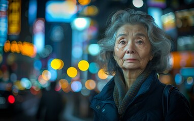 A woman with gray hair stands in front of a city street with a black coat on. The image has a moody and somewhat melancholic feel to it, as the woman is looking off into the distance