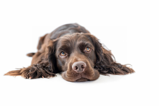 Beautiful chocolate colored English working Cocker Spaniel lying down facing the camera against a white background