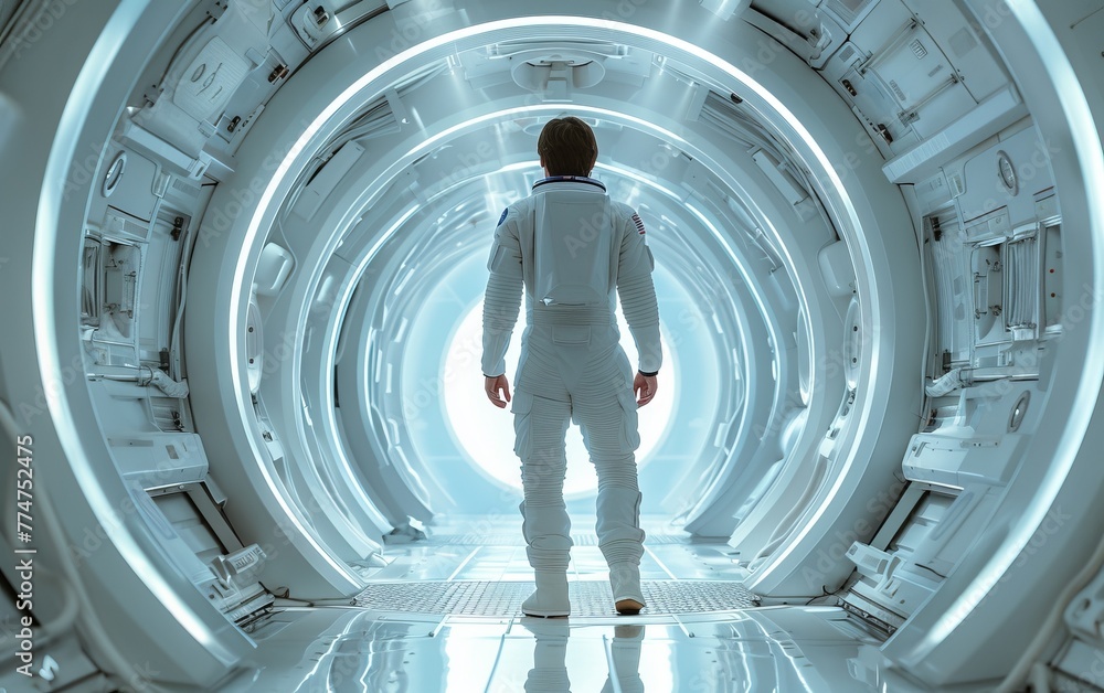 Poster a man in a white spacesuit stands in a long, white tunnel. the tunnel is lit up, creating a bright a