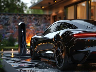 Electrifying Night A Sleek Black Car Charges Up for a Night Out Generative AI