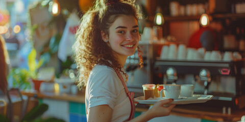 Waitress works at bar. Beautiful young woman is smiling and holding tray with coffee cups in cafe. - 774752460