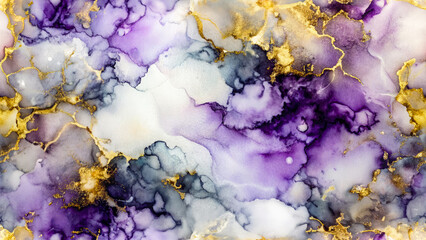 Purple color and gold glitter alcohol ink seamless pattern. Generative ai