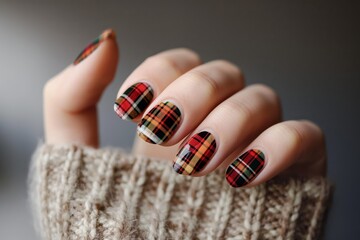 Close-up of cozy plaid nail art inspired by classic fall flannel patterns