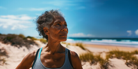 Active longevity and outdoors workout for healthy lifestyle. Portrait of African elderly woman does fitness while walking by ocean in summer.