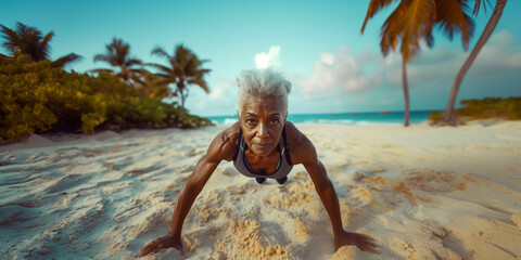 Active longevity and wellbeing concept. African elderly woman of athletic build does fitness and does push ups on summer beach. - 774752696