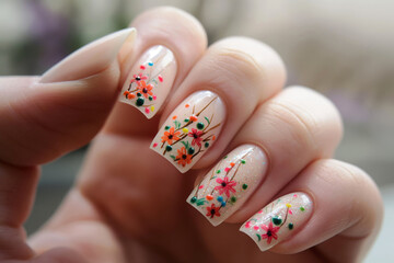 Close-up of a hand with nails featuring delicate flower patterns and glitter