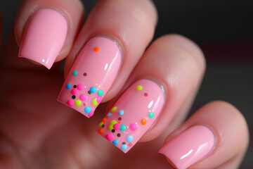 Close-up of bubblegum pink nails featuring colorful sprinkle accents, showcasing a playful and trendy nail art design