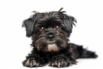 Cute dark haired Shih Tzu puppy facing the camera, lying down on a white background