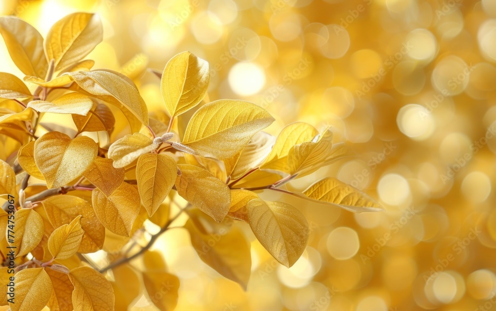 Poster a tree branch with leaves that are golden in color. the leaves are wet and shiny, and the branch is 