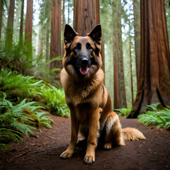 Naklejka premium Belgian Shepherd enjoying a scenic hike through a majestic redwood forest