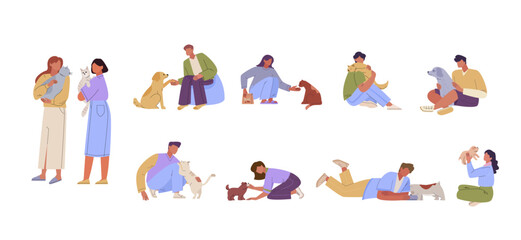 people with domestic animals. owners love, satisfied and enjoyed, friendship, cartoon characters hug dogs, cats, pets . vector cartoon concept illustration.