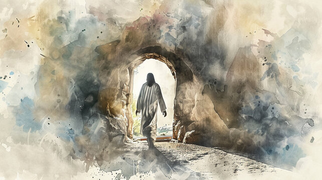 The resurrection with a serene digital watercolor photo of Jesus emerging from the tomb.
