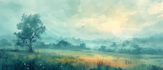 6K watercolor of countryside, cool tones on textured paper, detailed and soothing landscape - obrazy, fototapety, plakaty
