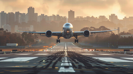 Un grande aereo di linea che decolla dalla pista di un aeroporto a mezzogiorno con il carrello d'atterraggio abbassato ,  aereo in fase di decollo  atterraggio - obrazy, fototapety, plakaty