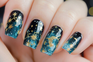 Elegant manicure with astrological symbols and constellations on a dark, starry background