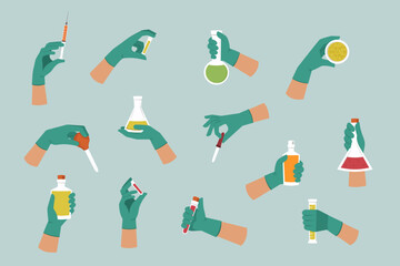 hands with test tubes. doctors medics, blood, equipment, hands in gloves holding different shaped glass test tubes with analysis. vector cartoon items collection.