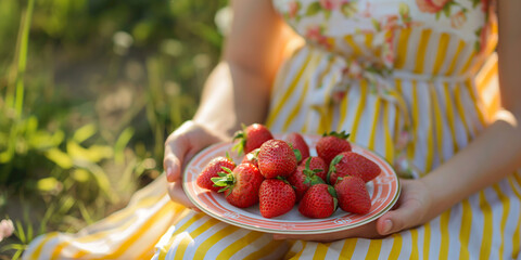 Summer picnic food. Female hands holding plate with red ripe strawberries. - 774753239
