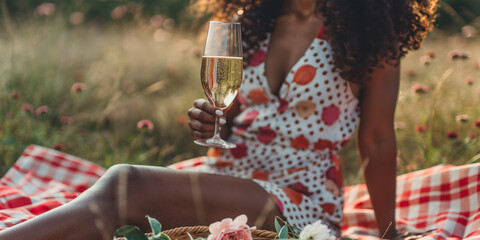 Summer picnic. African american woman drinking sparkling wine sitting on plaid on grass. Meeting friends in countryside, summer weekend. - 774753245
