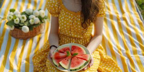 Summer outdoor activities. Unrecognizable young woman in polka dot dress sits on plaid at picnic in summer with plate of watermelon slices in her hands. - 774753290