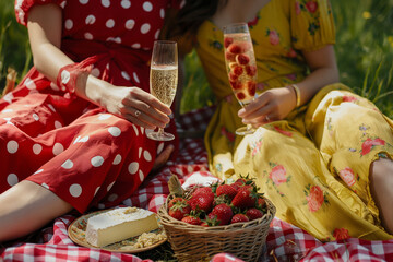 Dining al fresco, weekend activity. Two women relaxing on summer picnic drinking sparkling wine and eating strawberries with cheese. - 774753455