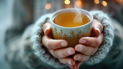 Close-up of hands holding a warm cup, symbolizing heartburn relief through herbal tea, steam rising softly - obrazy, fototapety, plakaty