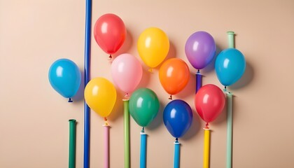 Pink, blue, yellow, green, purple, orange and red baloons with colorful drinking tubes on beige...