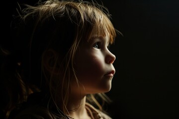 Portrait of a little girl on a dark background. Close-up.