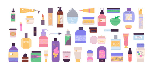 cartoon cosmetics packages set. skin care body and hair makeup products, collection with different shaped beauty cosmetics bottles jars and tubes. vector cartoon isolated objects.